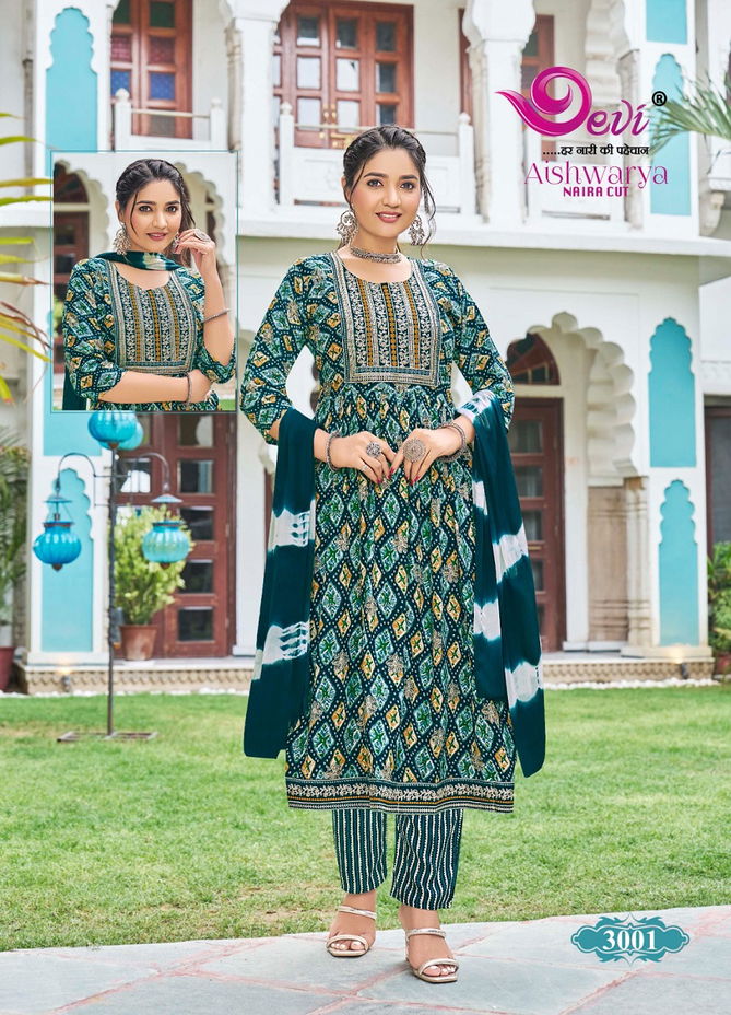 Aishwarya Vol 3 By Devi Rayon Naira Cut  Kurti With Pant Dupatta Wholesale Shop In Surat
